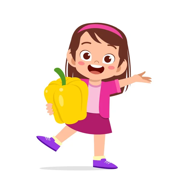 Happy cute kid girl holding fresh vegetable — Stock Vector