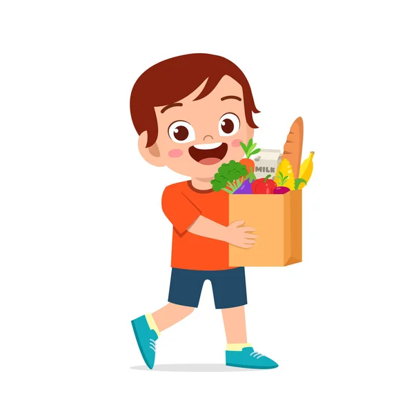 Niño lindo feliz sosteniendo comestibles frescos — Vector de stock