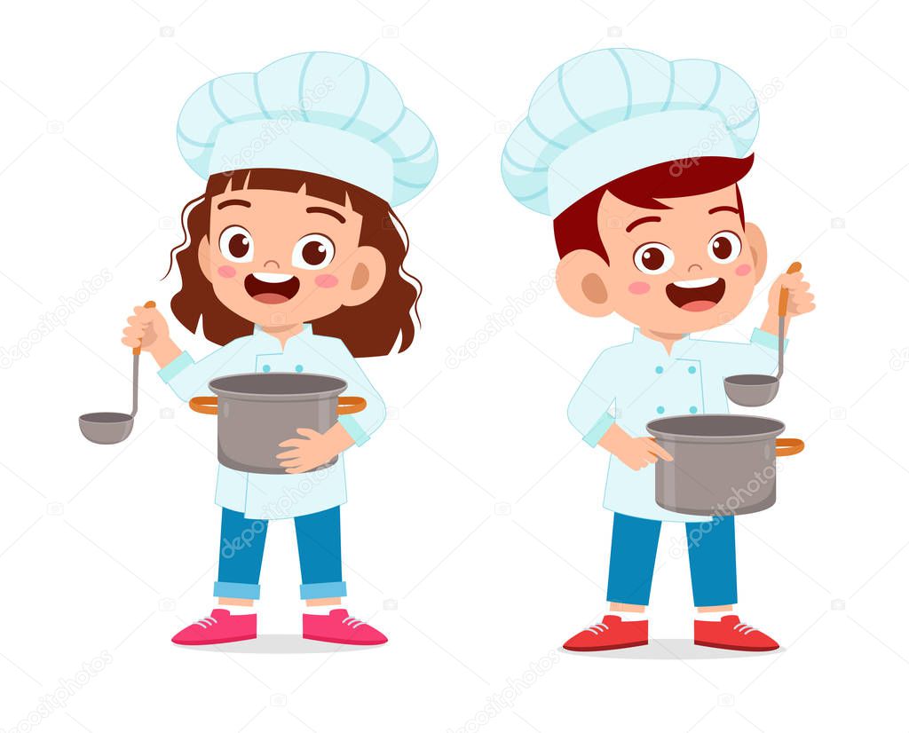 happy cute kid boy and girl in chef costume
