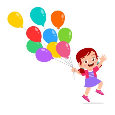 happy cute kid girl run holding balloon clipart