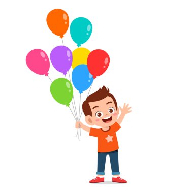 happy cute kid boy run holding balloon clipart
