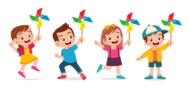 happy cute kid boy and girl holding toy clipart