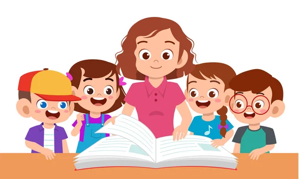 Junge und Mädchen lernen mit Lehrer — Stockvektor