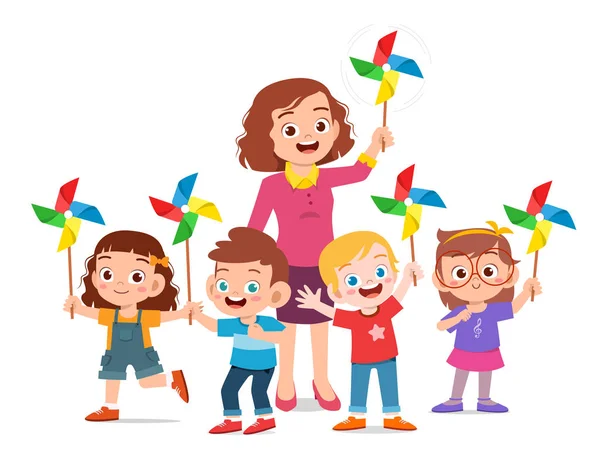 Feliz lindo niños y profesor celebración de juguete — Vector de stock