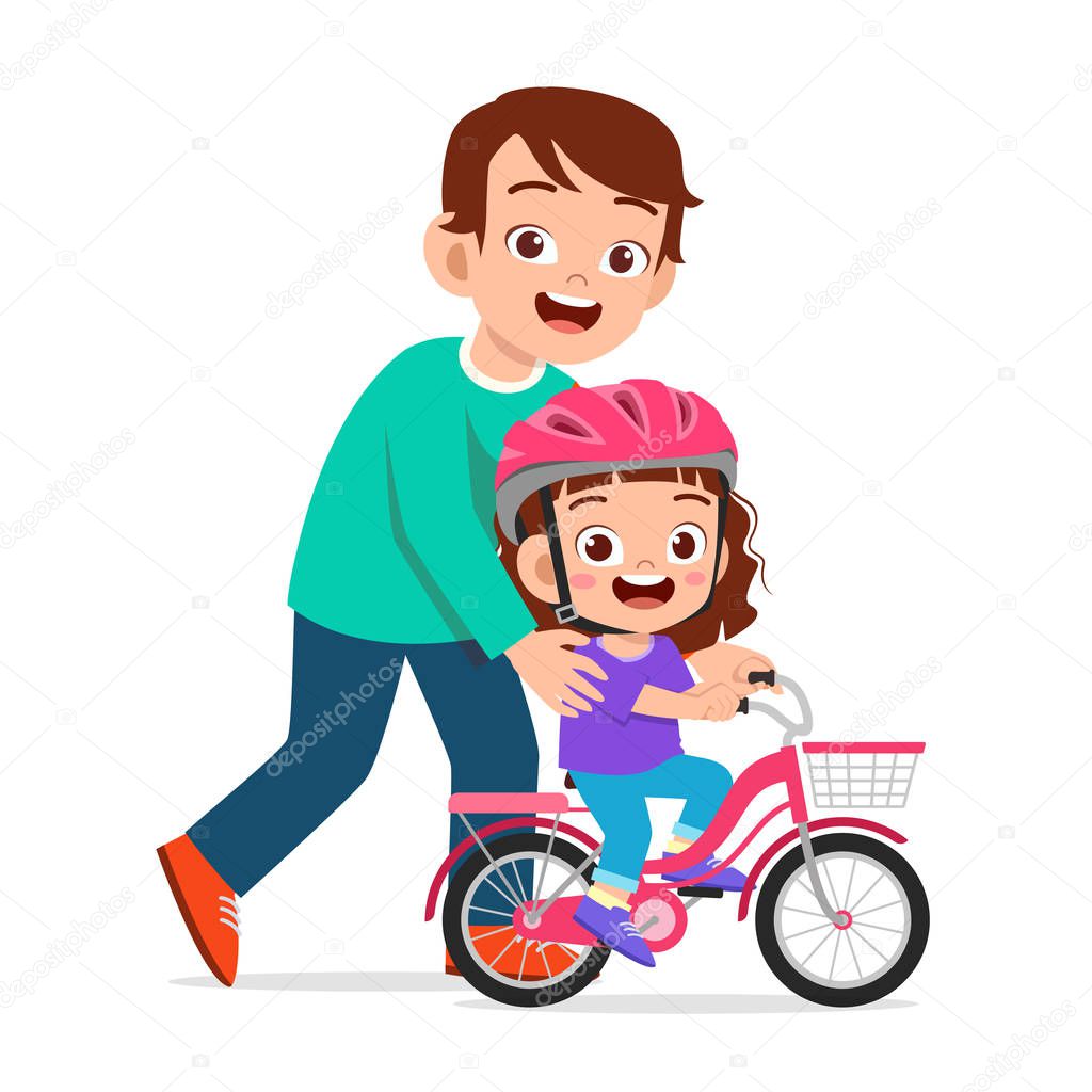 happy cute kid girl riding bike with dad