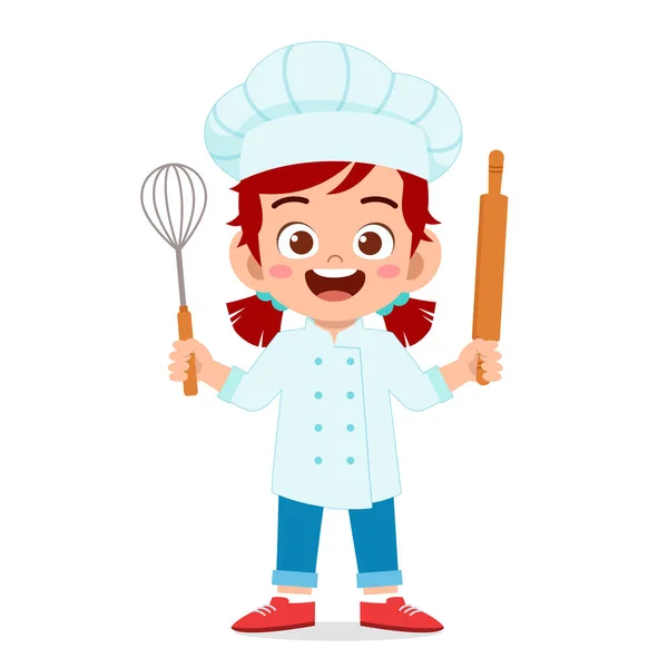 Happy cute kid girl in chef costume — Stock Vector