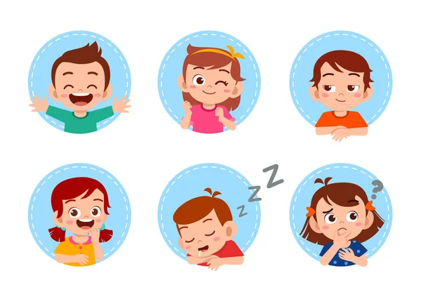 Cute kid boy girl face expression set — Stock Vector