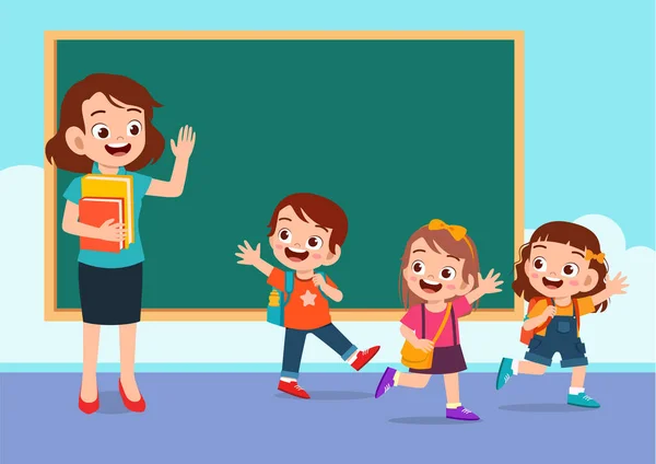 Happy cute kids go home from school — Stock Vector