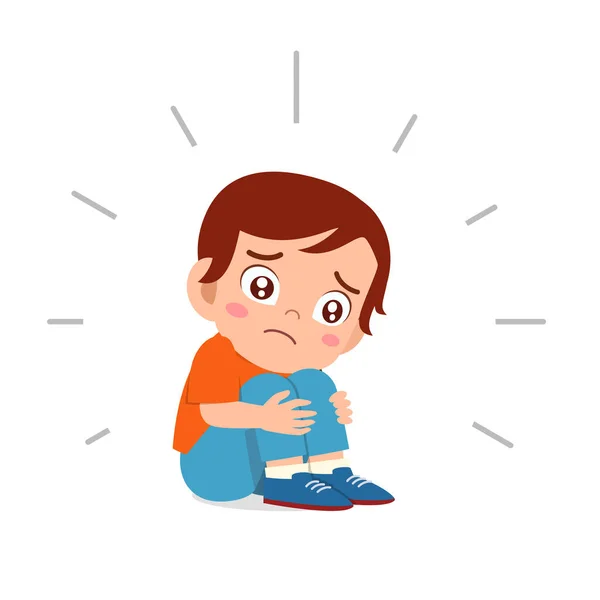 Lindo niño triste sentado solo asustado — Vector de stock