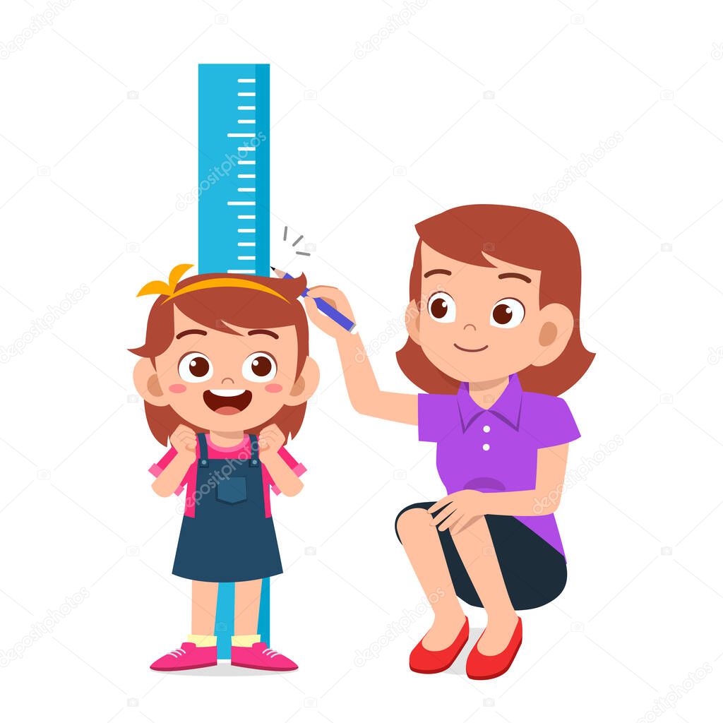 happy cute kid girl measuring height with mom