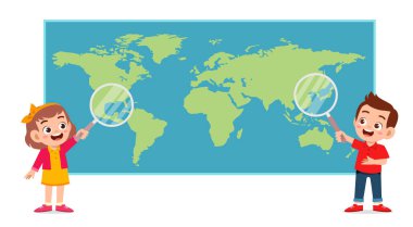 Mutlu şirin çocuklar oğlan ve kız harita hakkında öğretiyor.