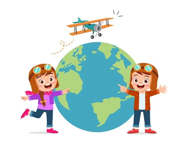 Счастливый симпатичный мальчик и девочка с самолетом и глобусом — стоковый вектор
