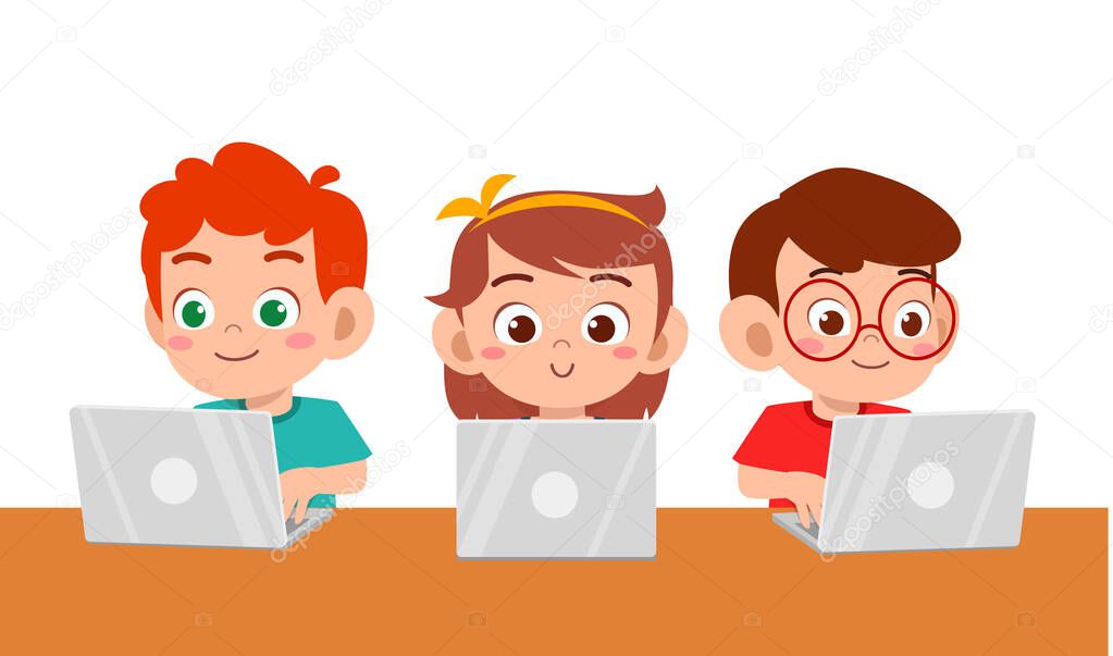 happy cute kids boy and girl using laptop