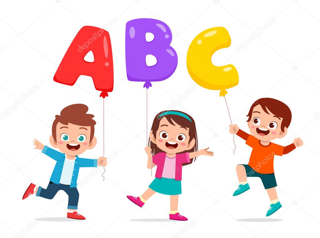 happy cute kids boy and girl holding ballon text