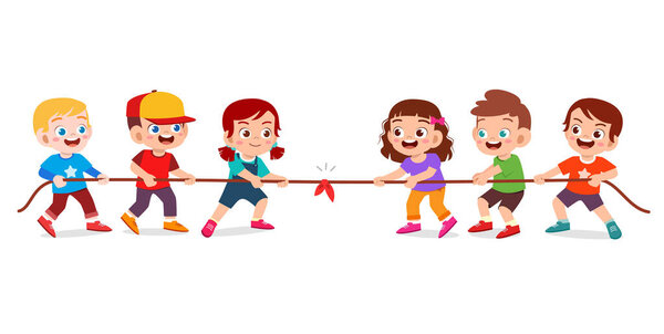 happy cute kid boy and girl play tug o war