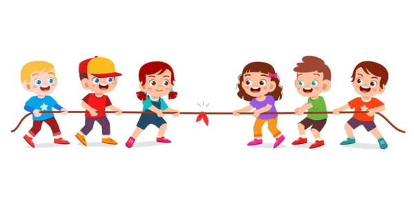 Happy cute kid boy and girl play tug o war Vector Graphics