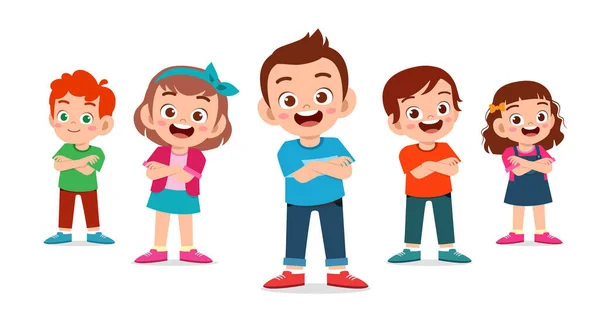 Lindo niños chico y chica cruzó brazos conjunto — Vector de stock