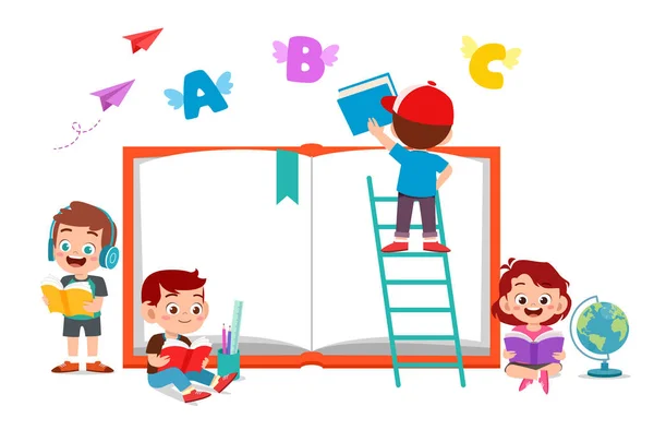 Glückliche Kinder lesen gemeinsam Buch und lernen — Stockvektor