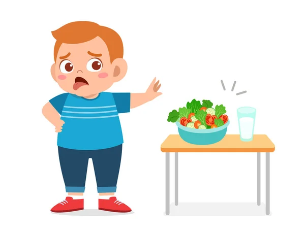 Söt fet unge vägrar hälsosam färsk mat — Stock vektor