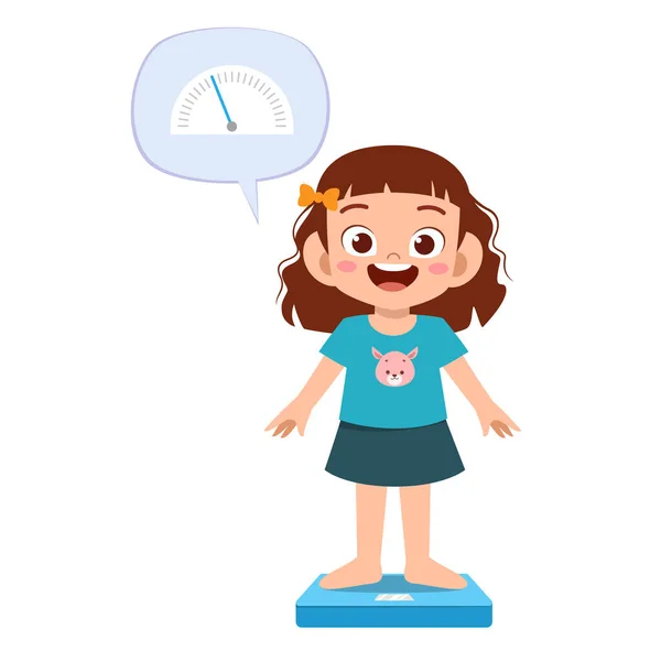 Happy cute kid girl use weight scale — Stock Vector