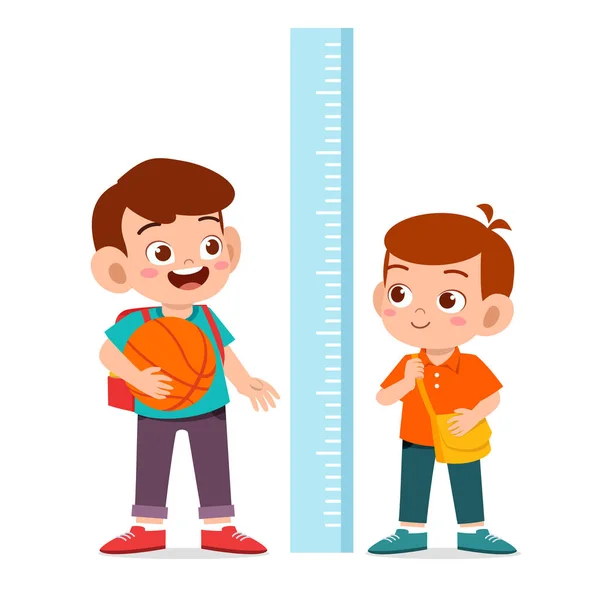 Happy cute kid boy measure height together — Stock Vector