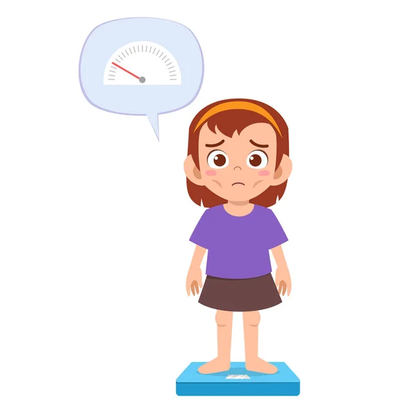 Skinny sad kid girl use weight scale — Stock Vector