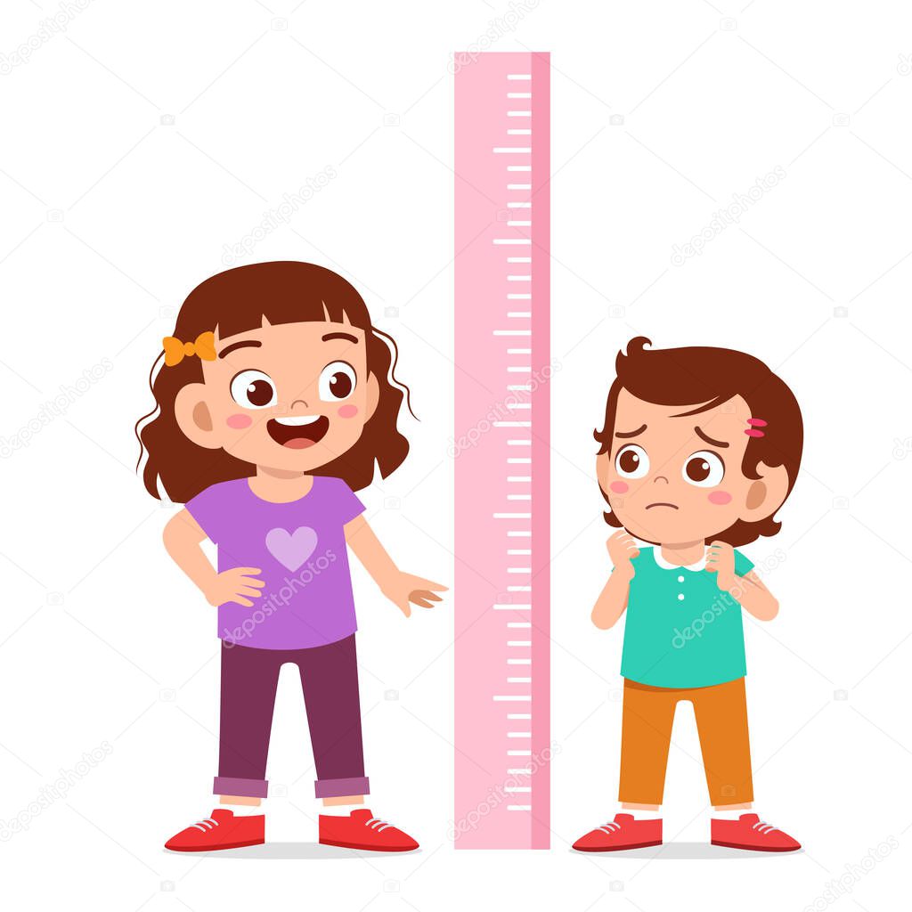 happy cute kid girl measure height together