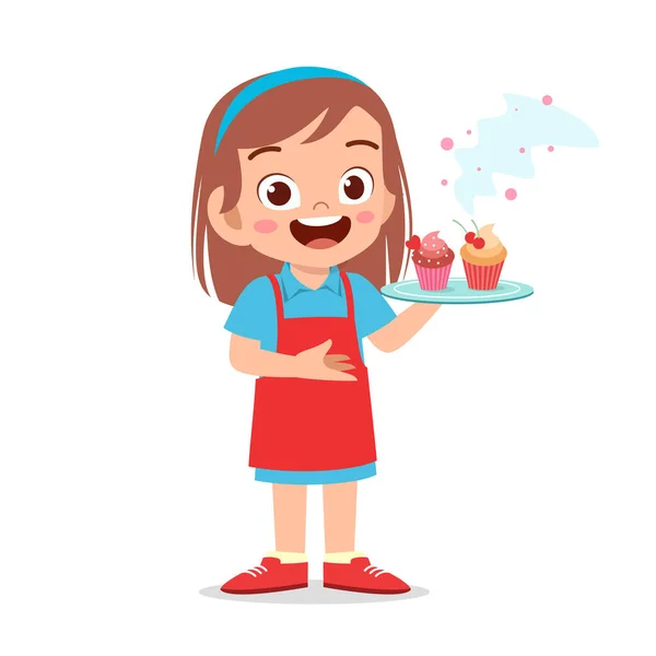 Feliz lindo niño chica tratar de cocinar cupcake — Vector de stock