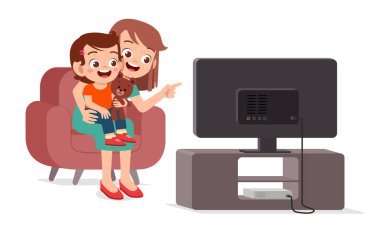 Mutlu şirin çocuk ailesiyle televizyon izliyor.