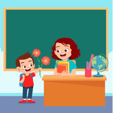 Mutlu şirin çocuk, öğretmene çiçek ver.