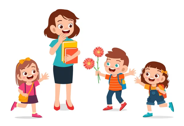 Šťastný roztomilý dítě dát květiny na učitel — Stockový vektor