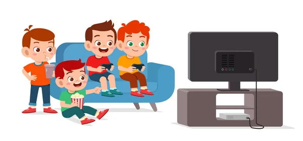 Happy cute kid play video game together — Stock Vector