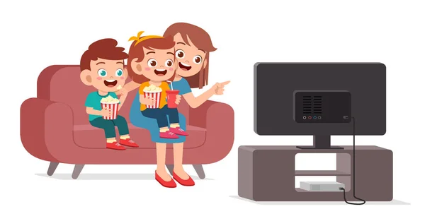 Feliz lindo niño ver tv con familia juntos — Vector de stock