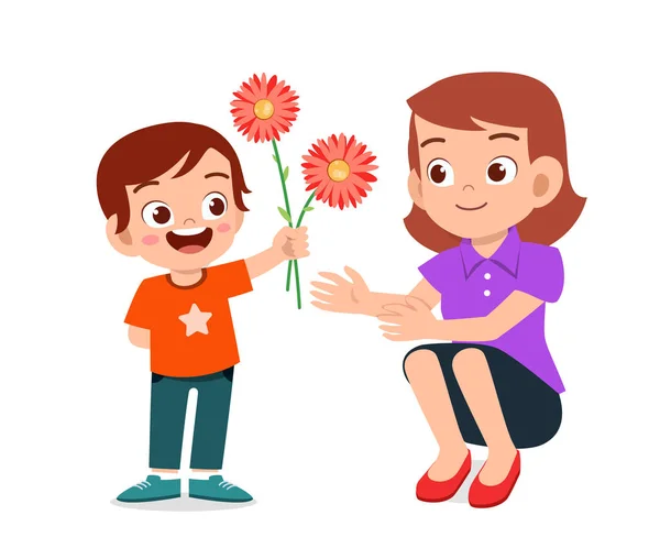 Boldog aranyos fiú adni virágot anyának — Stock Vector