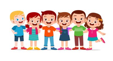 Mutlu şirin çocuklar, kız ve erkek birbirlerine sarılırlar.
