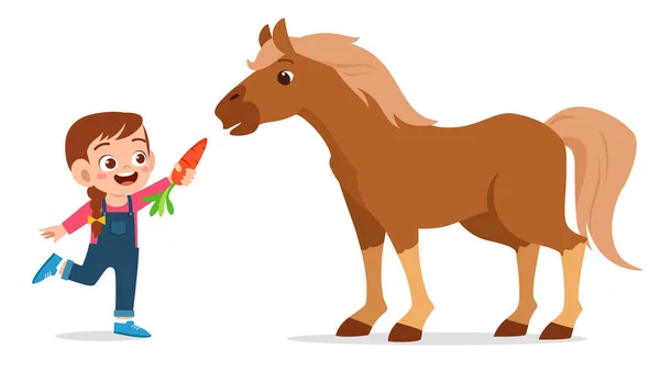 Mutlu şirin kız şirin atı besliyor — Stok Vektör