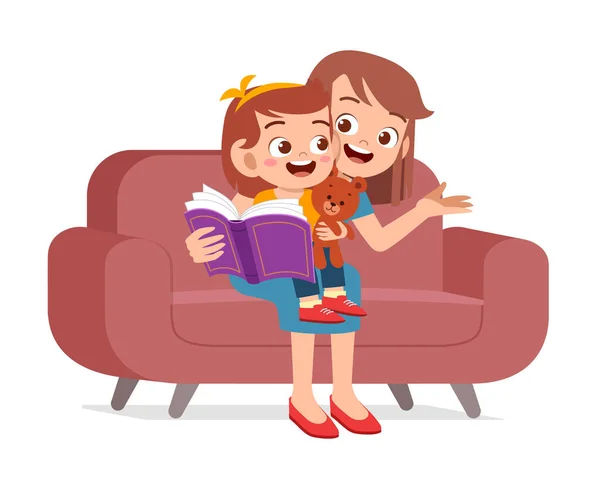 Menina bonito feliz ler livro com a mãe — Vetor de Stock