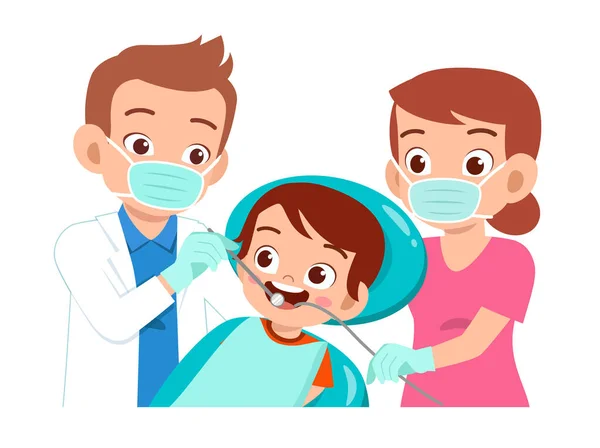 Happy cute kid go to dentist check — Stock Vector