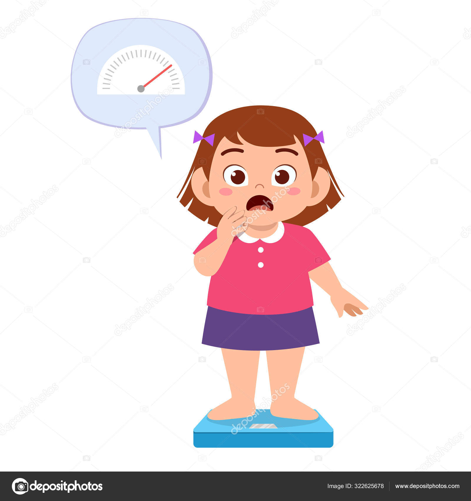 overweight cute little girl with body fat standing on the weighing scale  look surprise when measuring her weight Stock Vector