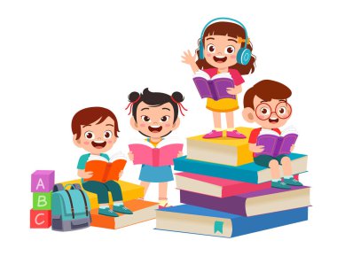 Mutlu şirin çocuklar oğlan ve kız birlikte kitap okurlar.