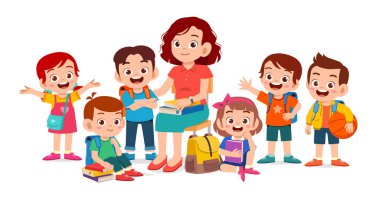 Mutlu şirin çocuklar öğretmenleriyle birlikte gülümserler.