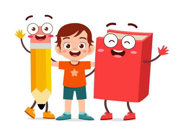 Χαρούμενο χαριτωμένο παιδί σταθεί με το βιβλίο και το μολύβι — Διανυσματικό Αρχείο