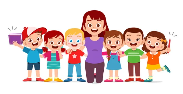 Χαρούμενα χαριτωμένα παιδιά χαμογελούν με δάσκαλο μαζί — Διανυσματικό Αρχείο