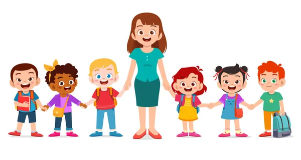 Feliz lindo niños sonrisa con profesor juntos — Vector de stock