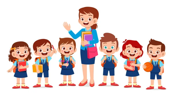 Happy cute kids smile with teacher together — ストックベクタ