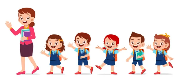 Fröhliche süße Kinder lächeln mit Lehrer zusammen — Stockvektor