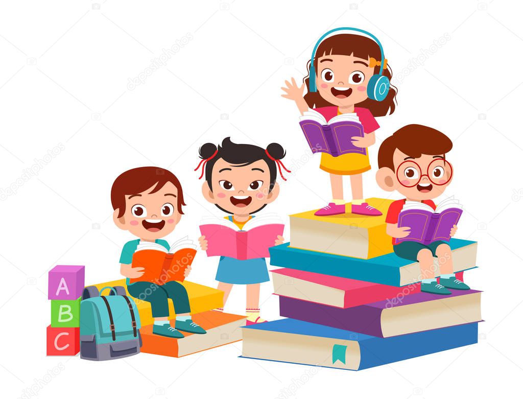 happy cute kids boy and girl read book together