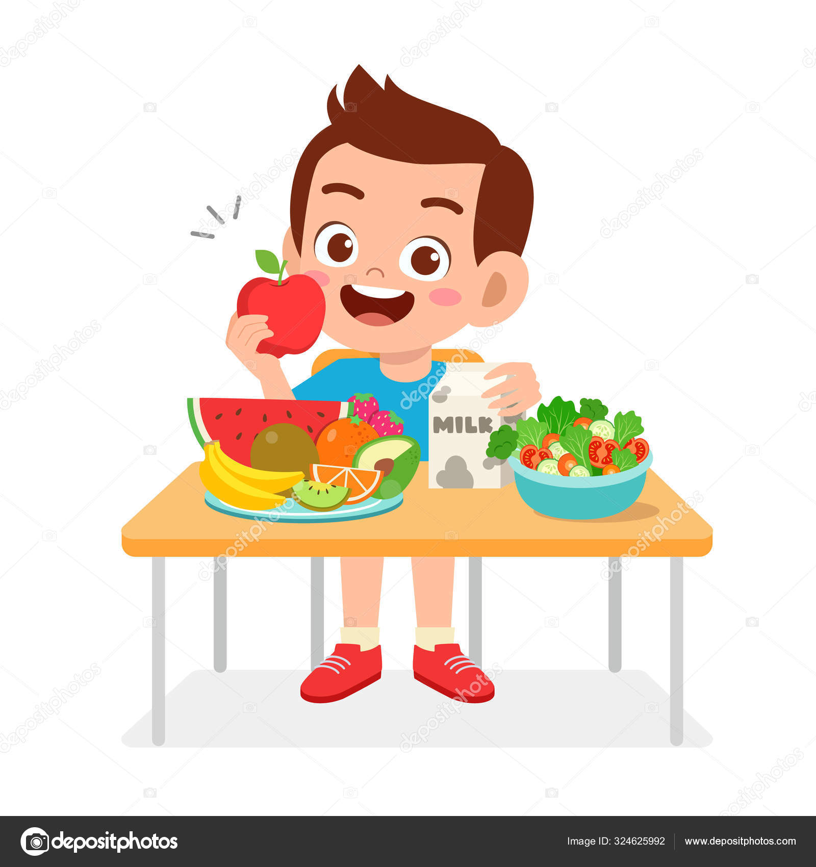 Niño comiendo fruta imágenes de stock de arte vectorial | Depositphotos