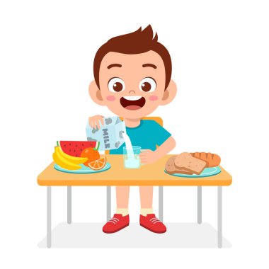 Mutlu şirin çocuk sağlıklı yemek yiyor.