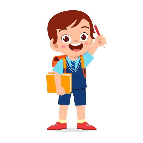 Χαρούμενο χαριτωμένο αγοράκι, έτοιμο να πάει σχολείο. — Διανυσματικό Αρχείο